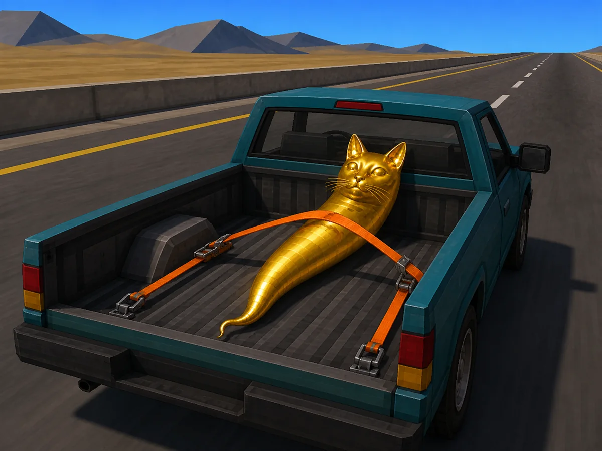 The gold idol strapped down flat in the bed of a pickup truck on a highway